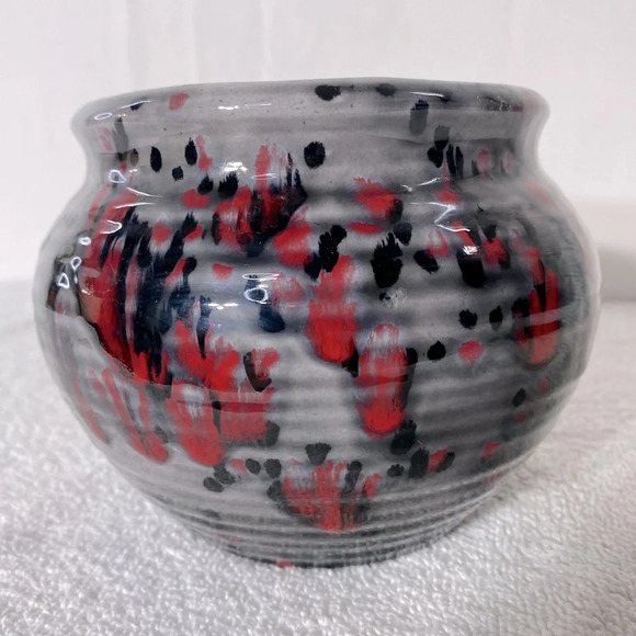 Vintage 1978 Ceramic  Pottery Grey Black Red Glaze Bowl Planter Vase - Picture 2 of 14